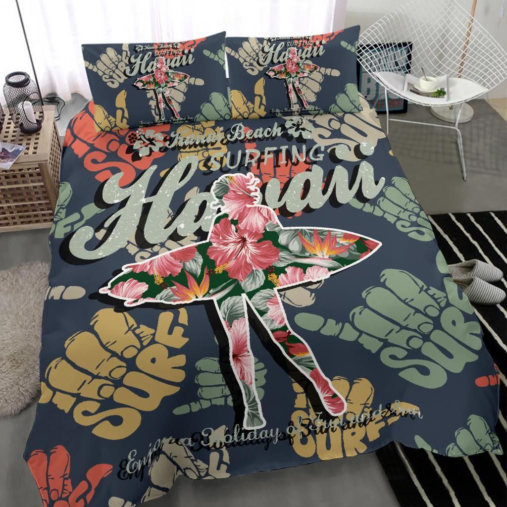 hawaiian hibiscus shaka banzai pipeline surfing girl duvet cover bedding set 4346