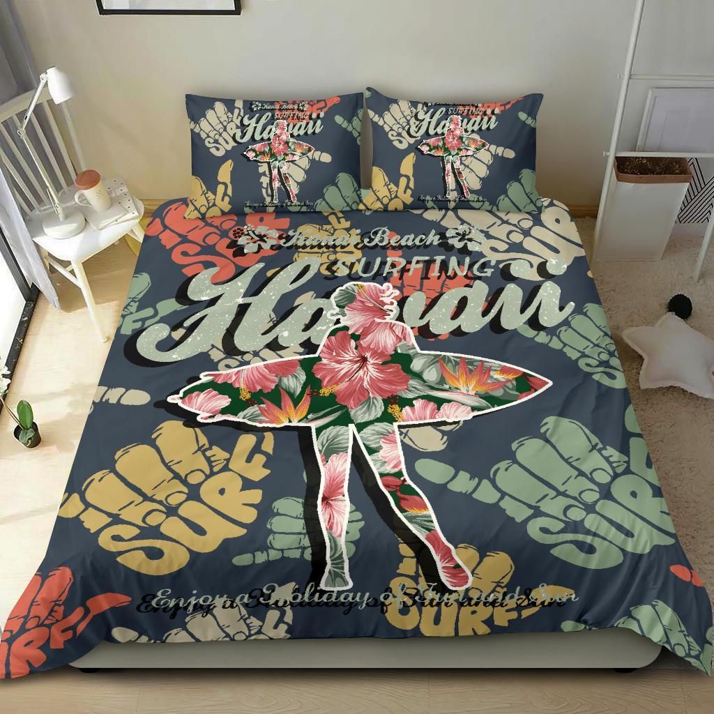 hawaiian hibiscus shaka banzai pipeline surfing girl duvet cover bedding set 7755