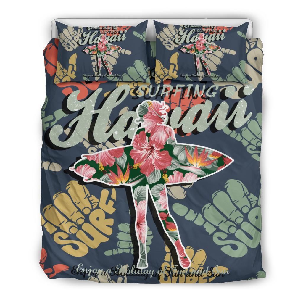 hawaiian hibiscus shaka banzai pipeline surfing girl duvet cover bedding set 8849