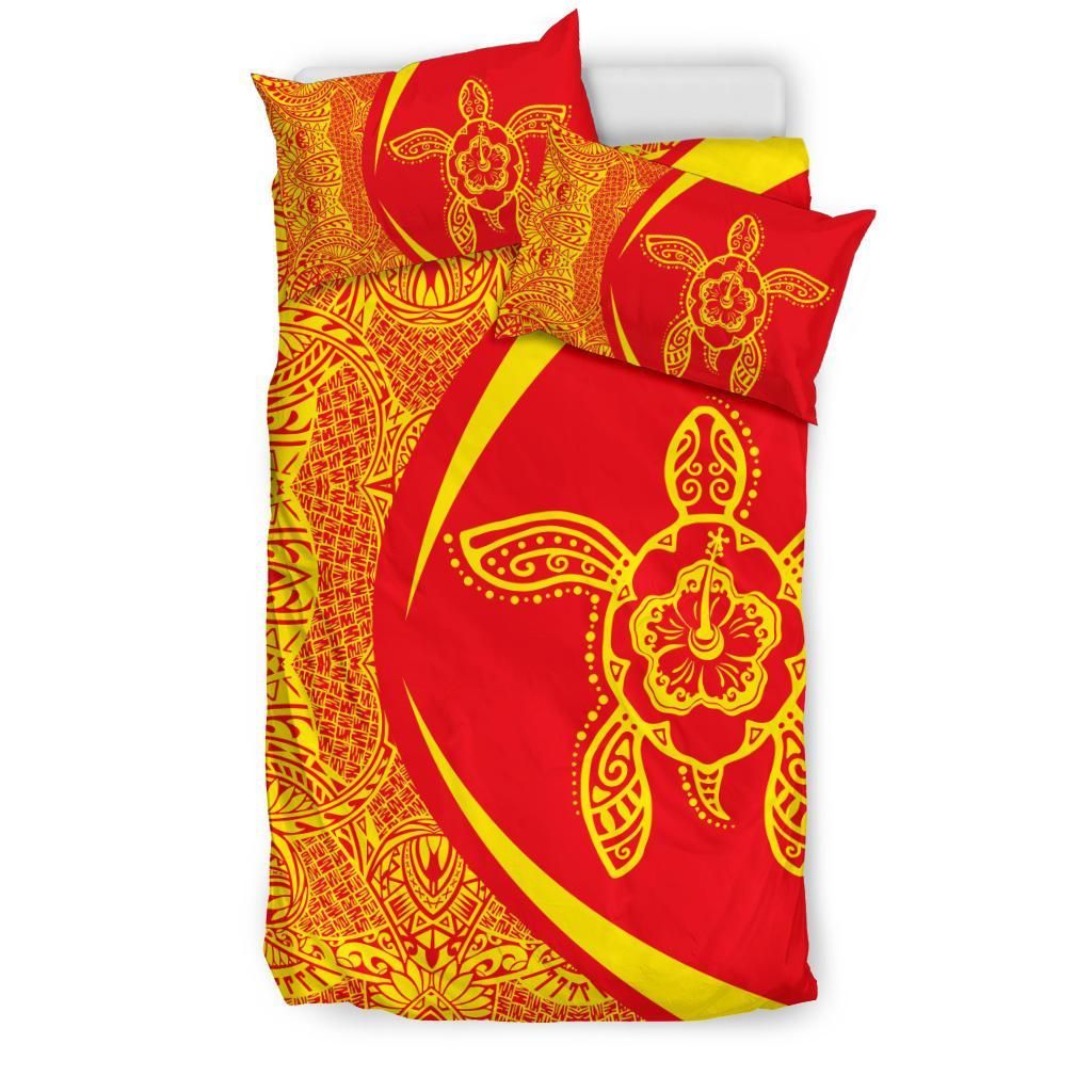 hawaiian hibiscus turtle polynesian circle style red and yellow duvet cover bedding set 2097