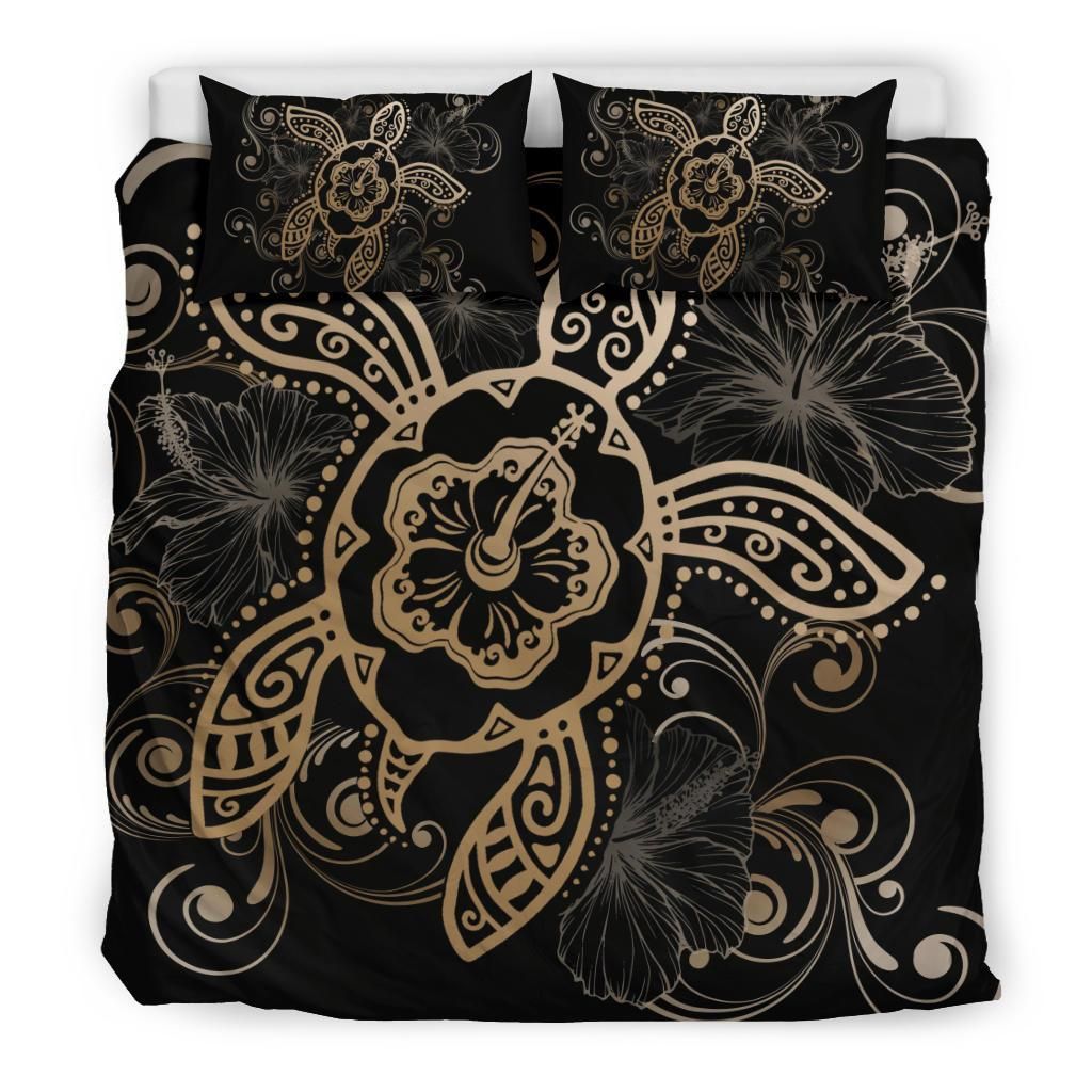 Hawaiian Hibiscus Turtle Wave Polynesian Gold Duvet Cover Bedding Set hawaiian hibiscus turtle wave polynesian gold duvet cover bedding set 2734