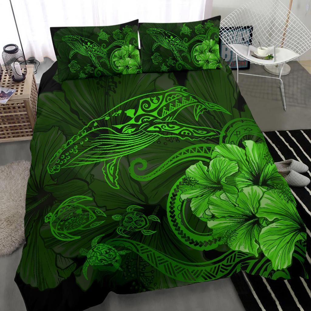 hawaiian hibiscus whale turtle dance polynesian green duvet cover bedding set 1302