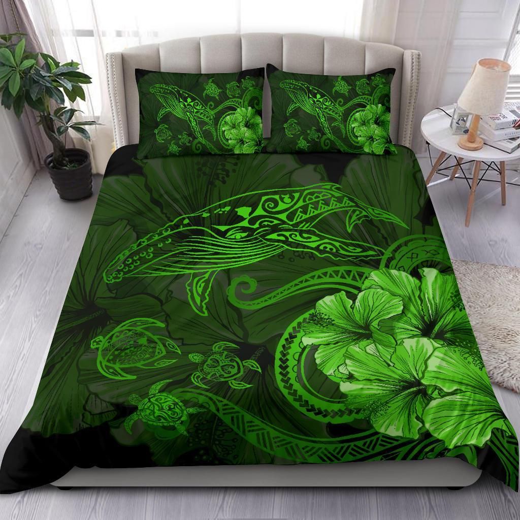 hawaiian hibiscus whale turtle dance polynesian green duvet cover bedding set 2254