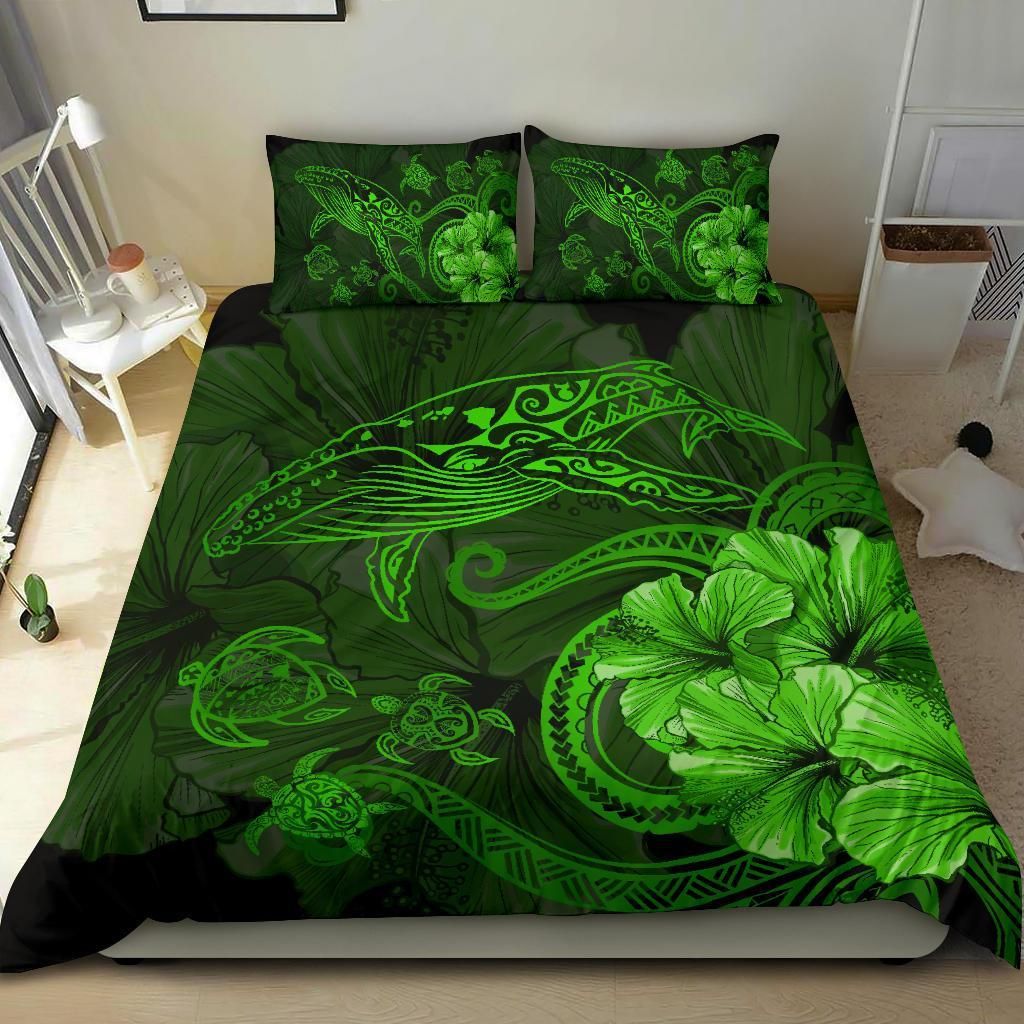 hawaiian hibiscus whale turtle dance polynesian green duvet cover bedding set 4590