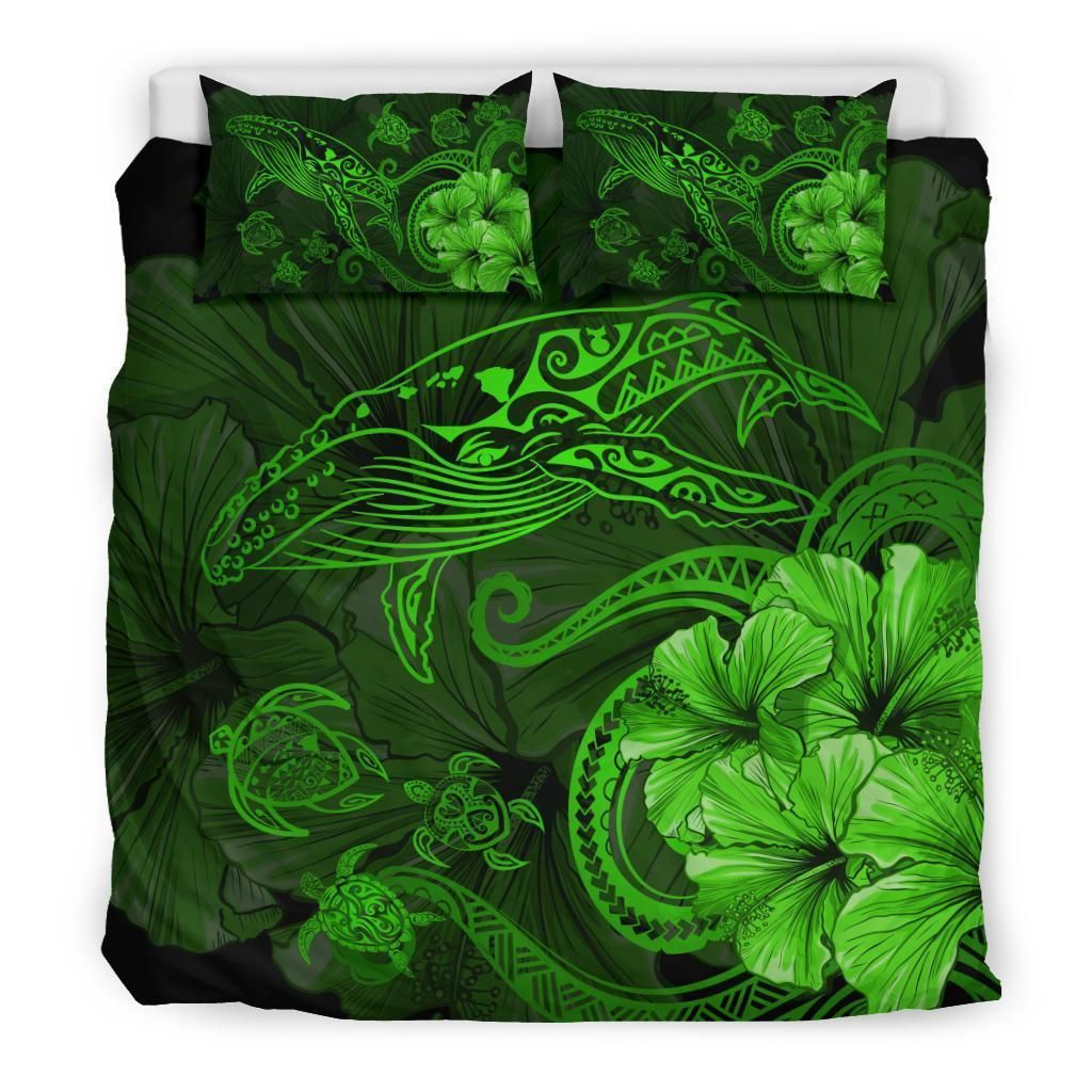 hawaiian hibiscus whale turtle dance polynesian green duvet cover bedding set 4651