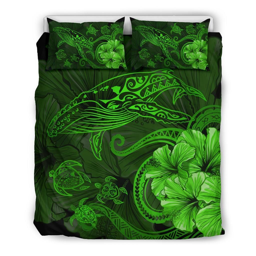 hawaiian hibiscus whale turtle dance polynesian green duvet cover bedding set 6565