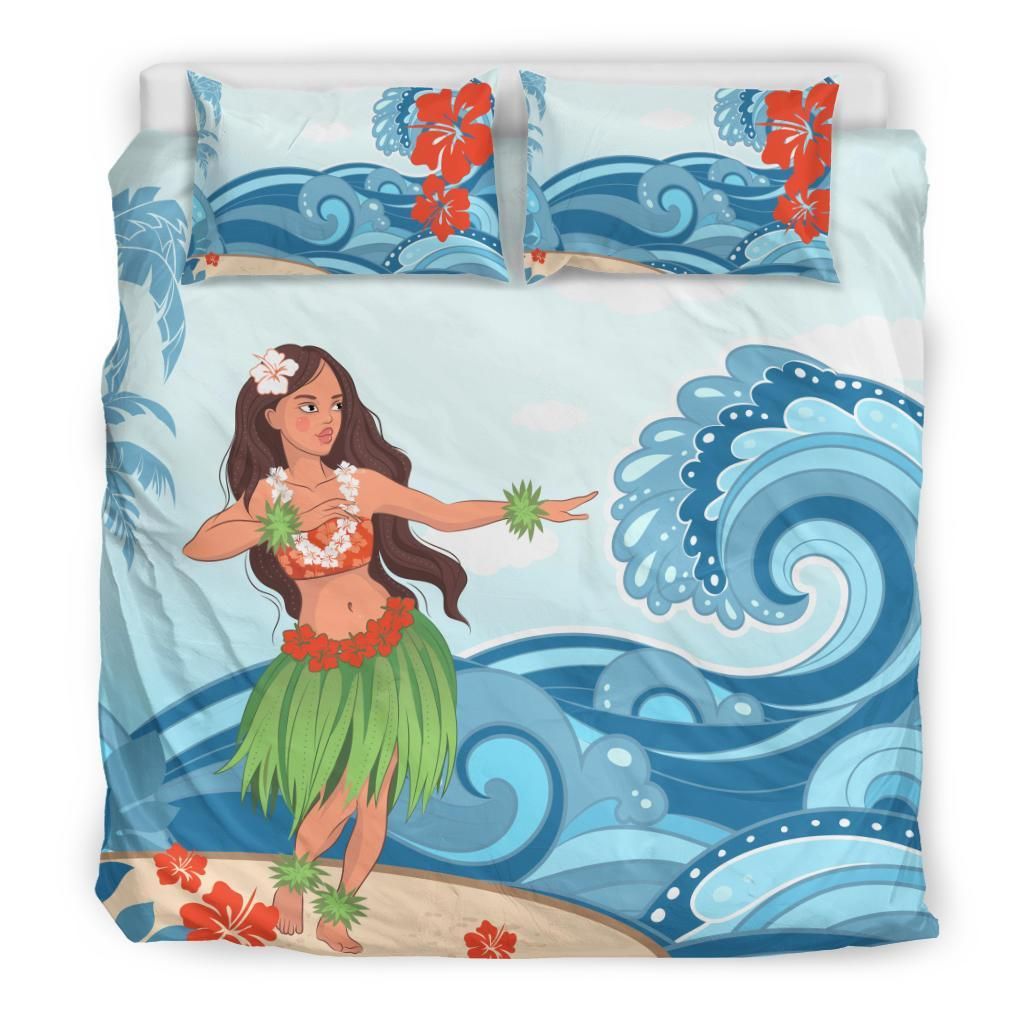 hawaiian hula dance cartoon hibiscus wave duvet cover bedding set 7491