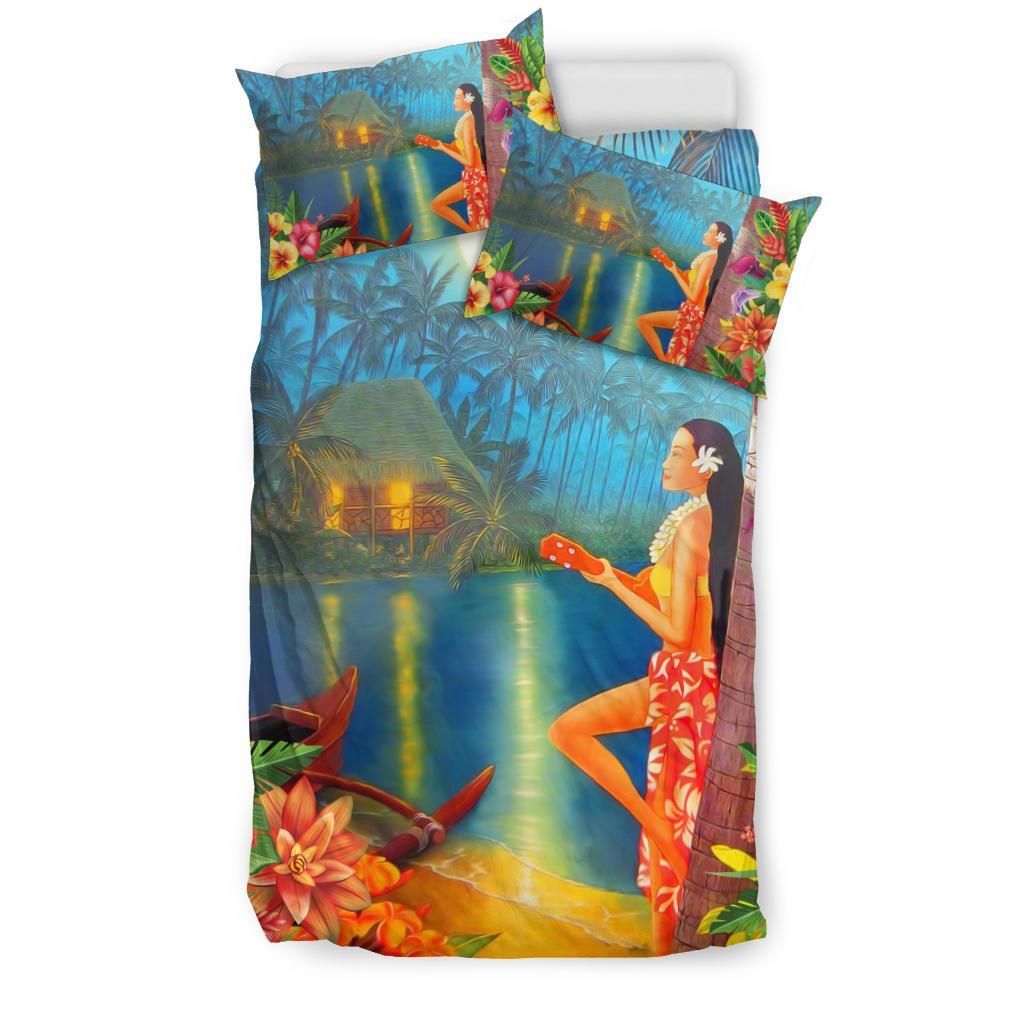 hawaiian hula girl sing in aboriginal village at night duvet cover bedding set 1332