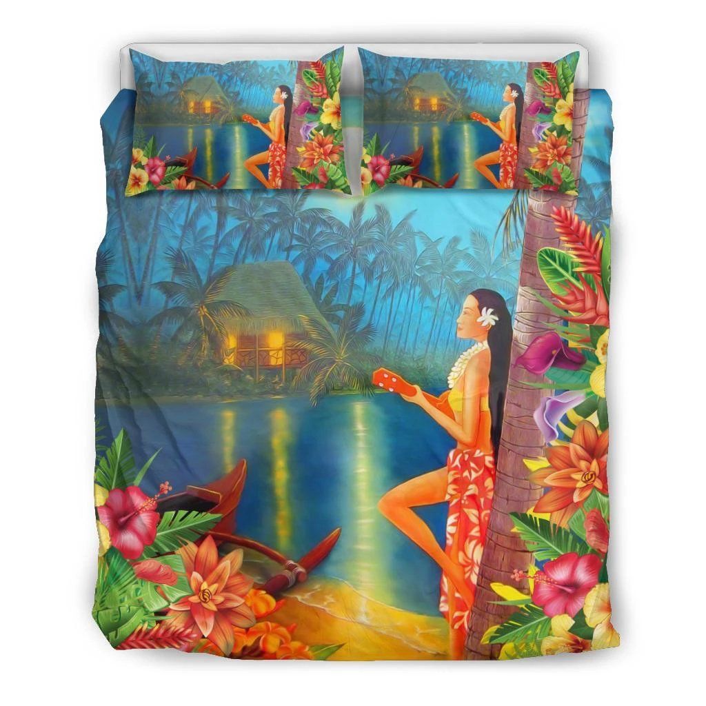 hawaiian hula girl sing in aboriginal village at night duvet cover bedding set 3708