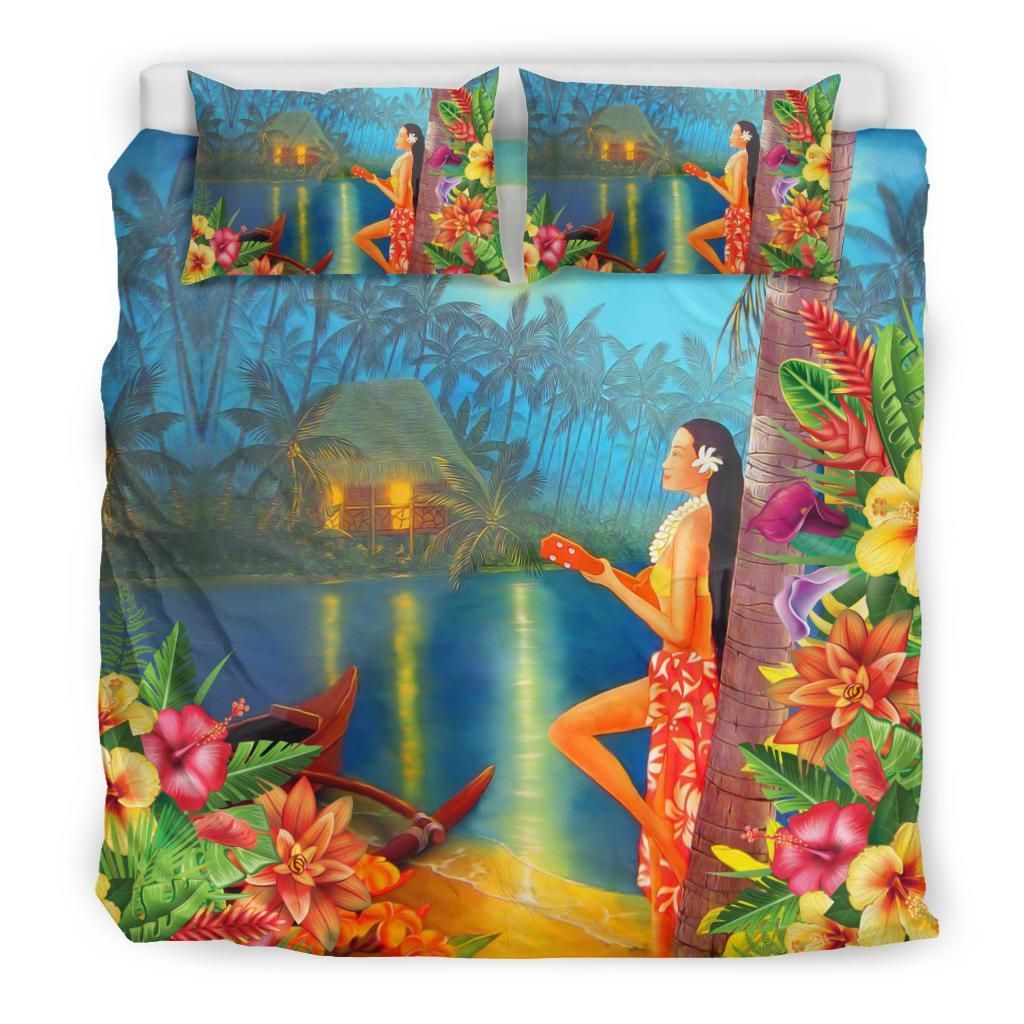 hawaiian hula girl sing in aboriginal village at night duvet cover bedding set 7520