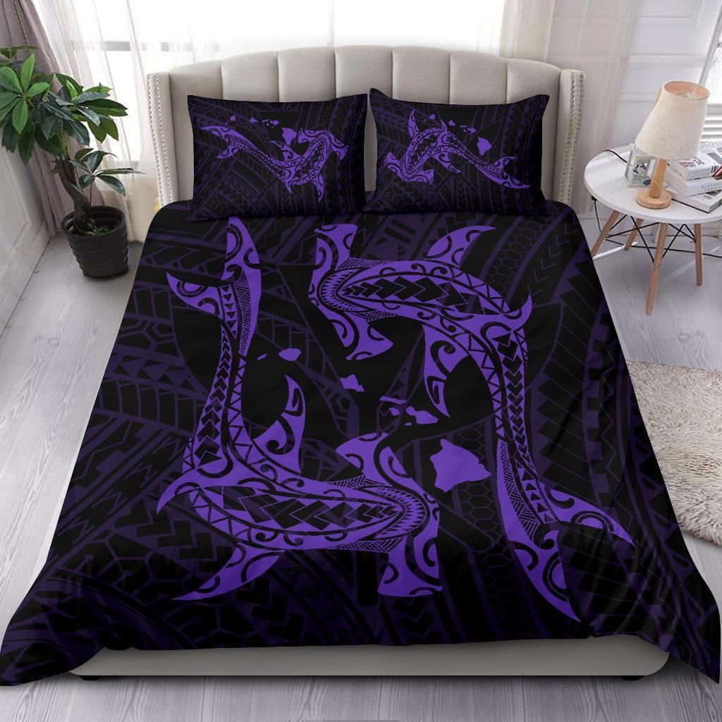 hawaiian map hamerhead shark yin yang purple duvet cover bedding set 7435