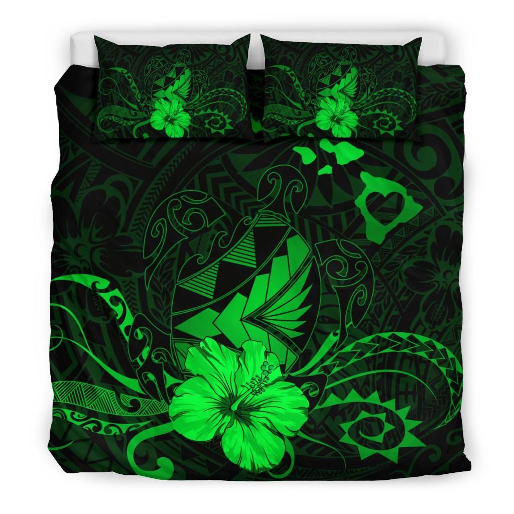 hawaiian map heart turtle tattoo hibiscus polynesian green duvet cover bedding set 2519