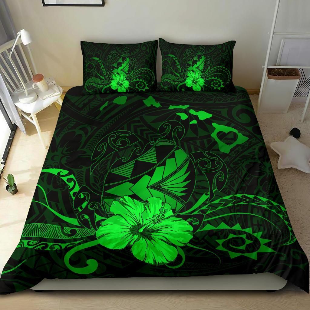hawaiian map heart turtle tattoo hibiscus polynesian green duvet cover bedding set 2851