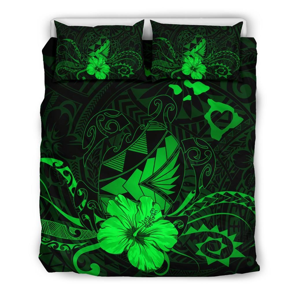 hawaiian map heart turtle tattoo hibiscus polynesian green duvet cover bedding set 3447