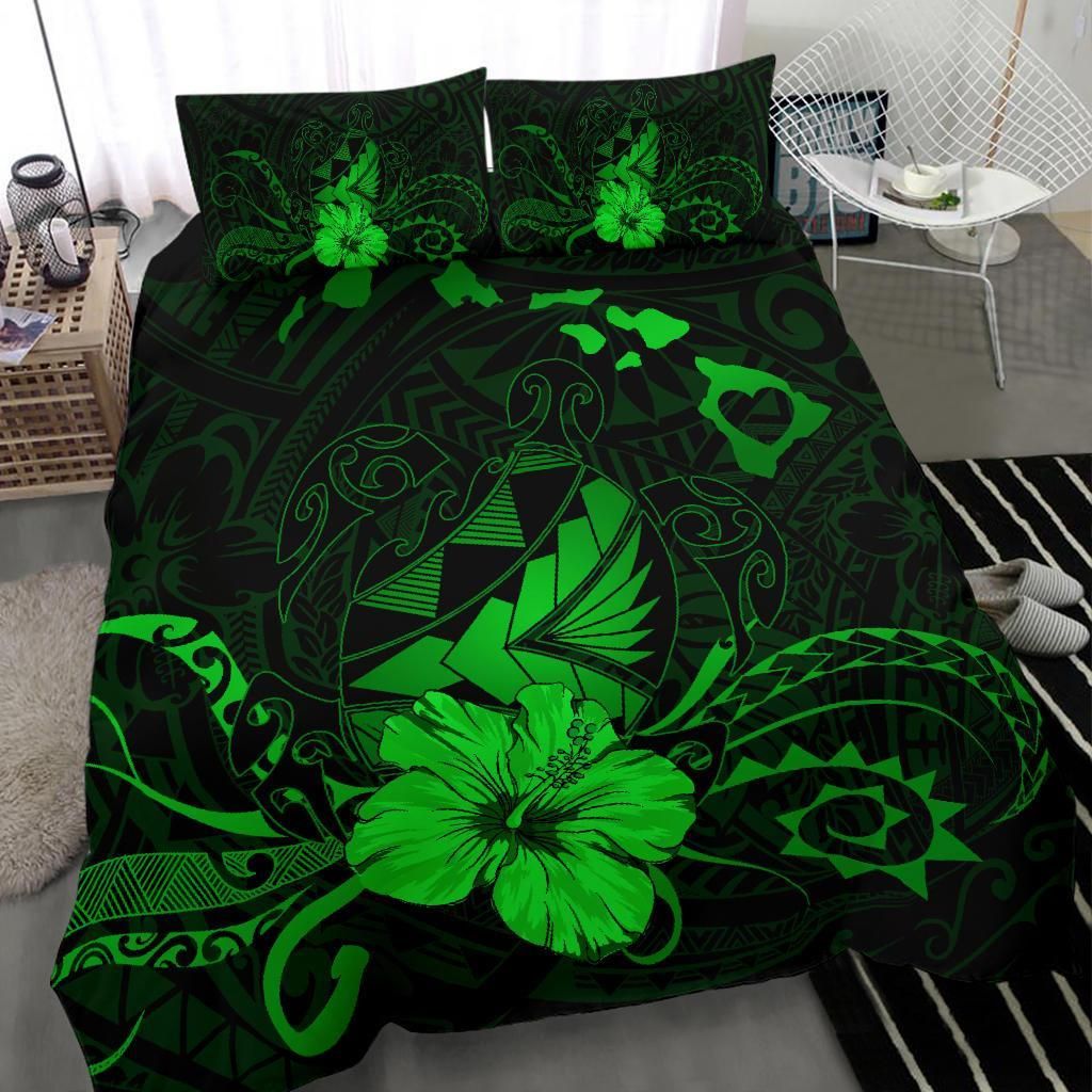 hawaiian map heart turtle tattoo hibiscus polynesian green duvet cover bedding set 3999