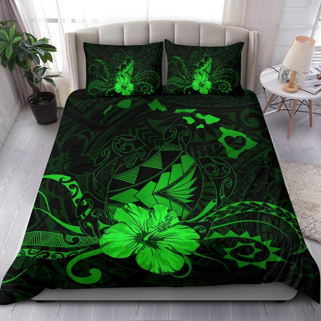 hawaiian map heart turtle tattoo hibiscus polynesian green duvet cover bedding set 4041