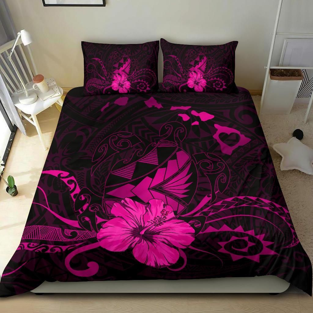 hawaiian map heart turtle tattoo hibiscus polynesian pink duvet cover bedding set 2418