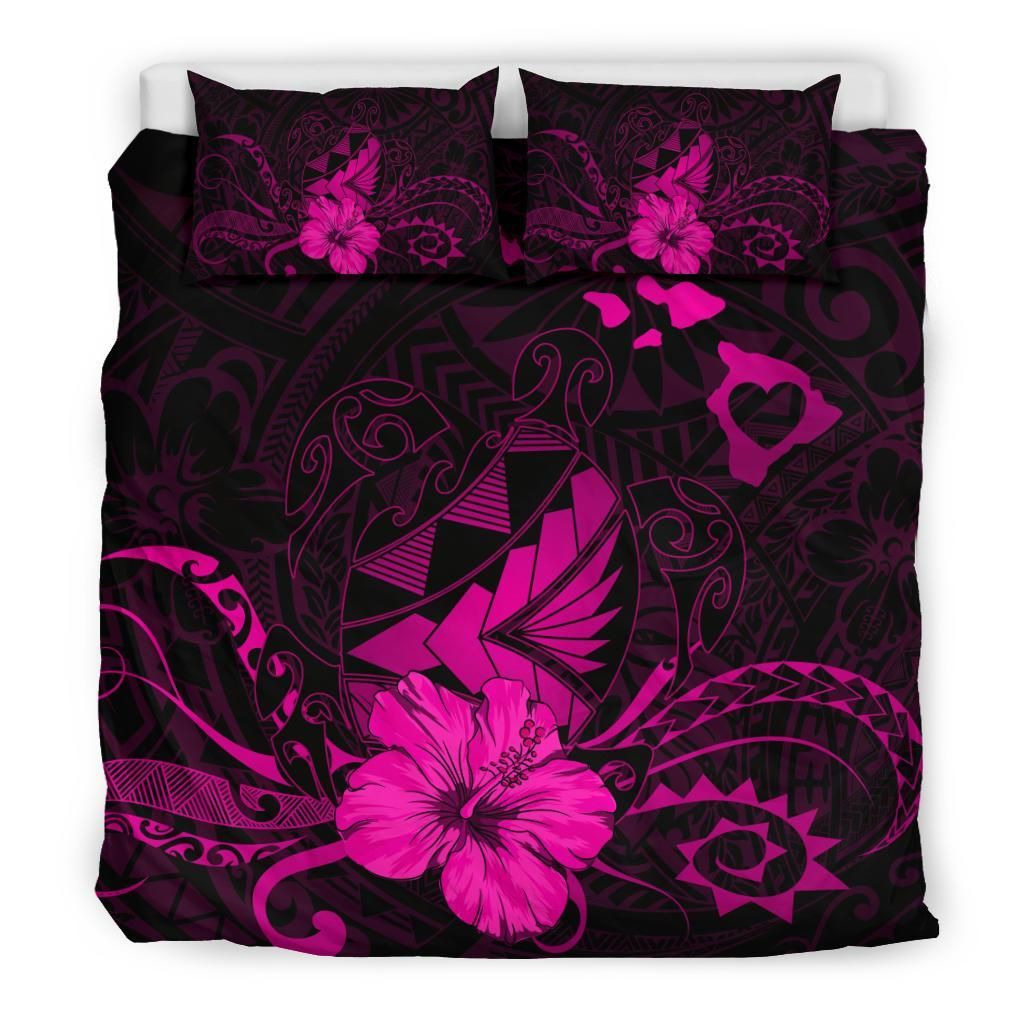 hawaiian map heart turtle tattoo hibiscus polynesian pink duvet cover bedding set 3253