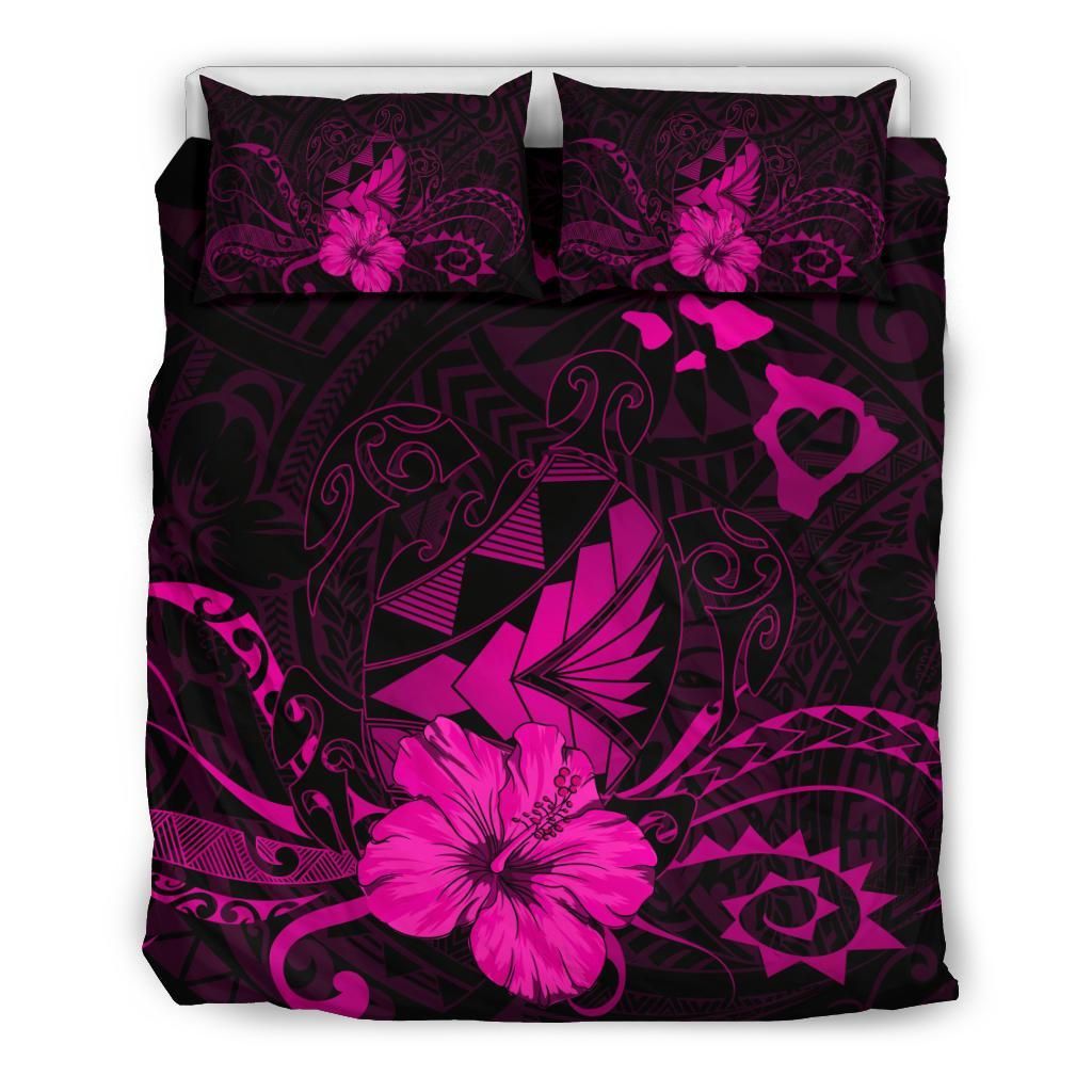 hawaiian map heart turtle tattoo hibiscus polynesian pink duvet cover bedding set 4225
