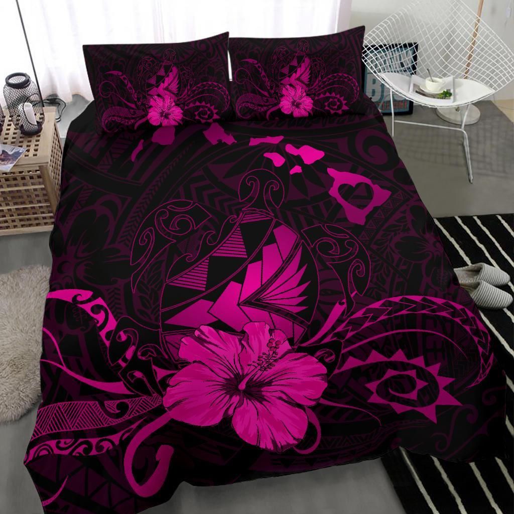 hawaiian map heart turtle tattoo hibiscus polynesian pink duvet cover bedding set 5269