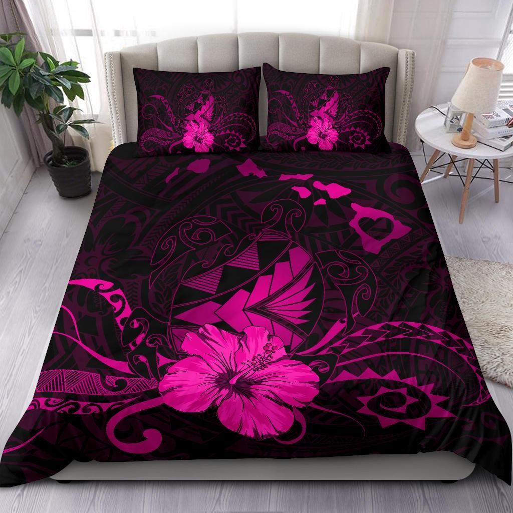 hawaiian map heart turtle tattoo hibiscus polynesian pink duvet cover bedding set 7481