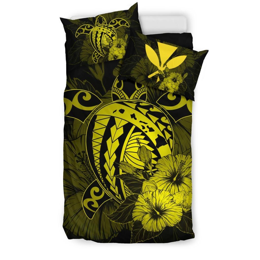 hawaiian map hibiscus kanaka polynesian harold turtle yellow duvet cover bedding set 3204