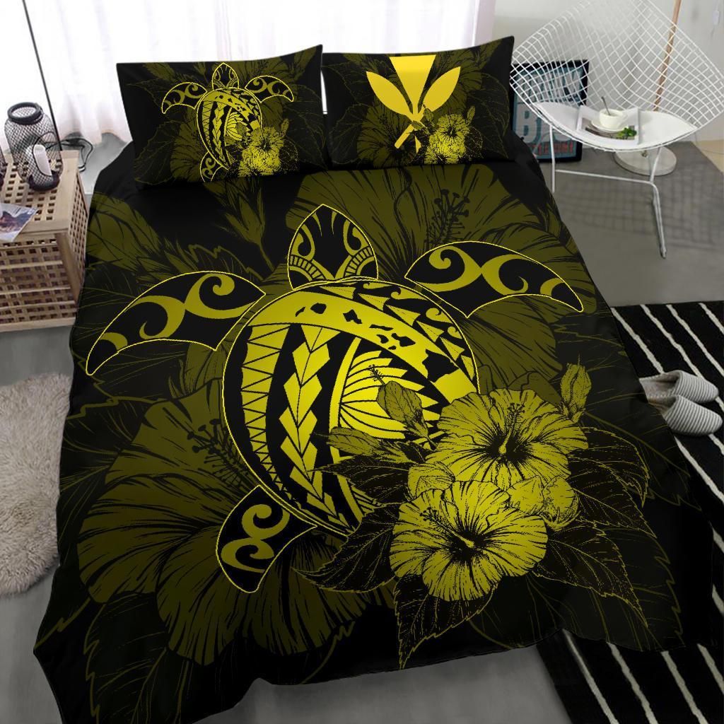 hawaiian map hibiscus kanaka polynesian harold turtle yellow duvet cover bedding set 3416