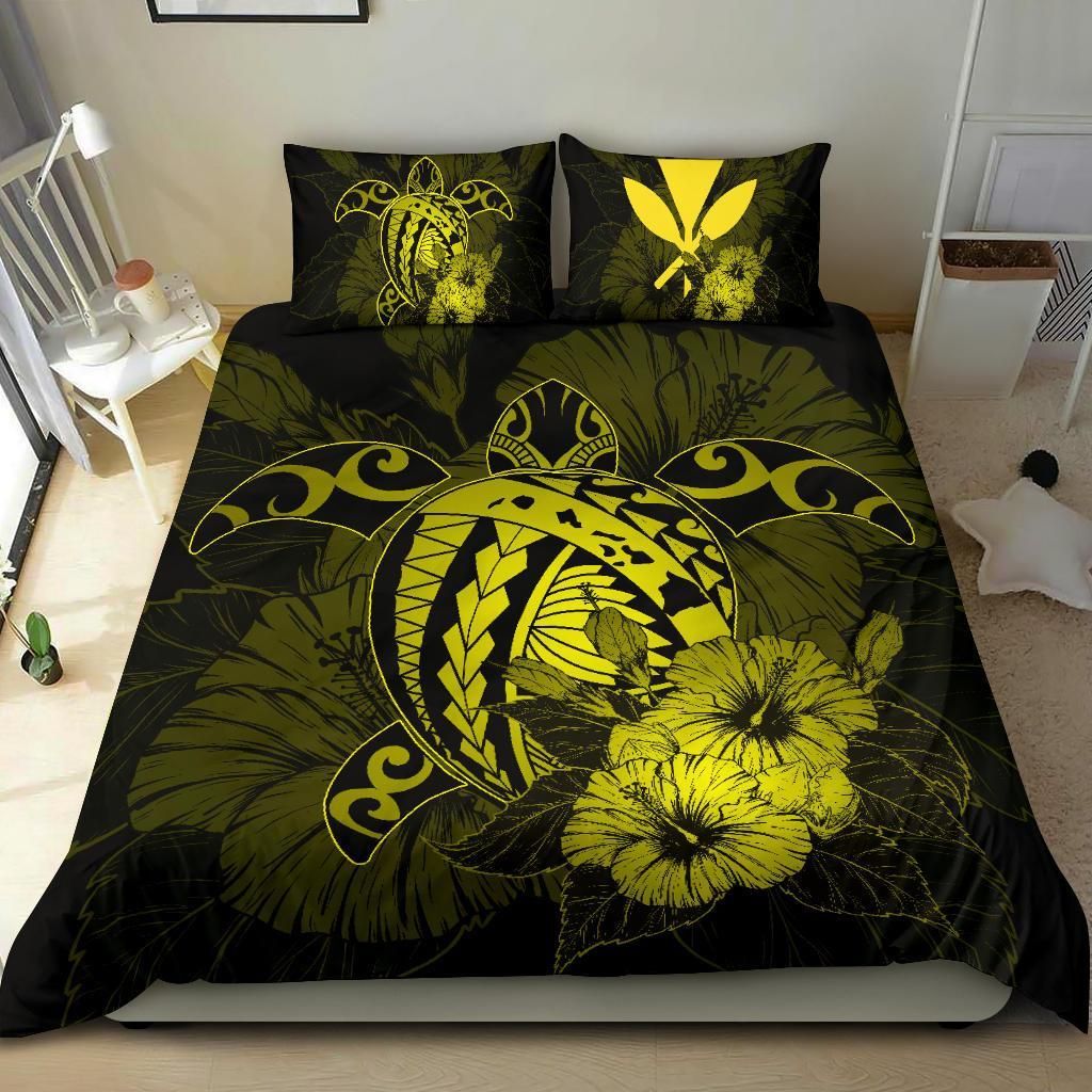hawaiian map hibiscus kanaka polynesian harold turtle yellow duvet cover bedding set 4758