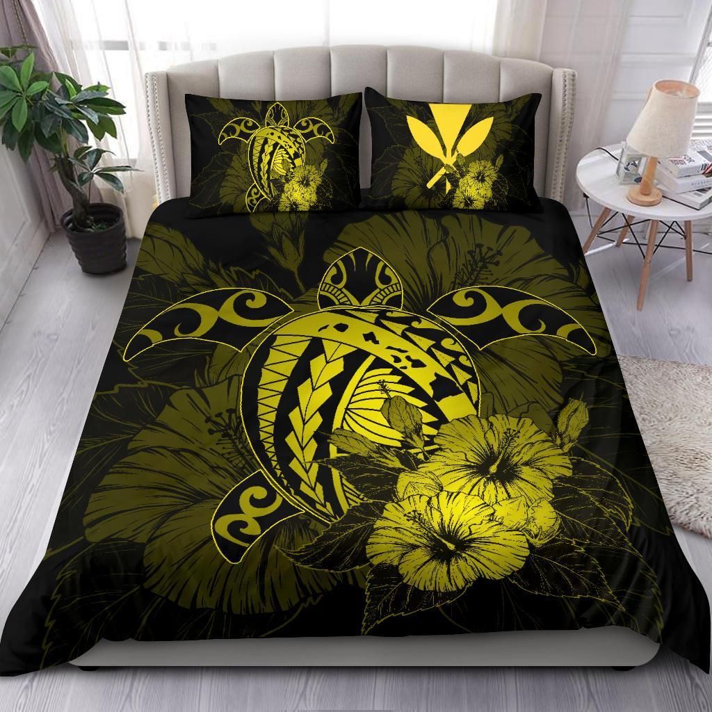 hawaiian map hibiscus kanaka polynesian harold turtle yellow duvet cover bedding set 6785