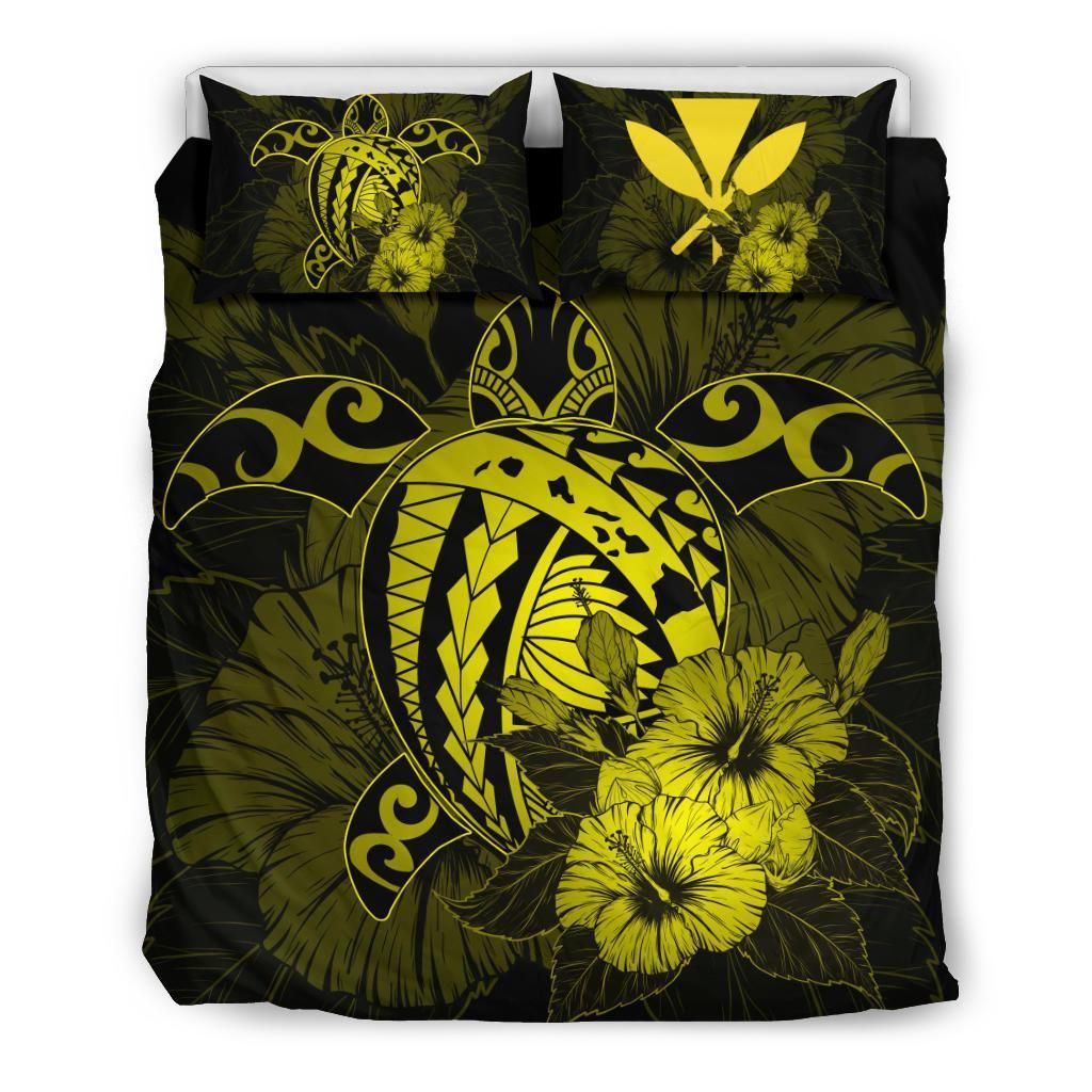 hawaiian map hibiscus kanaka polynesian harold turtle yellow duvet cover bedding set 8048
