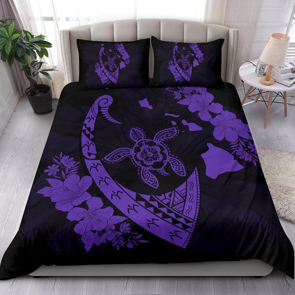 hawaiian map hibiscus turtle fish hook polynesian purple duvet cover bedding set 5227