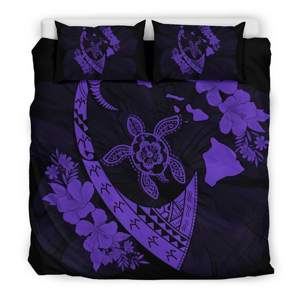 hawaiian map hibiscus turtle fish hook polynesian purple duvet cover bedding set 7178
