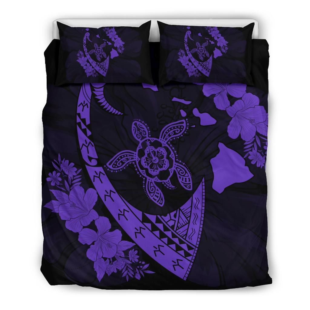 hawaiian map hibiscus turtle fish hook polynesian purple duvet cover bedding set 8871