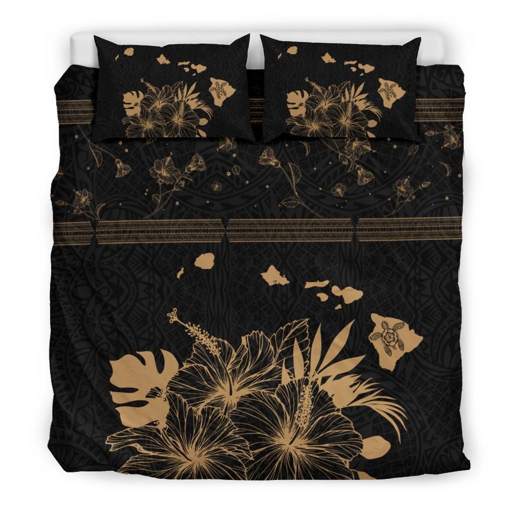 hawaiian map hibiscus turtle polynesian black and gold duvet cover bedding set 1258