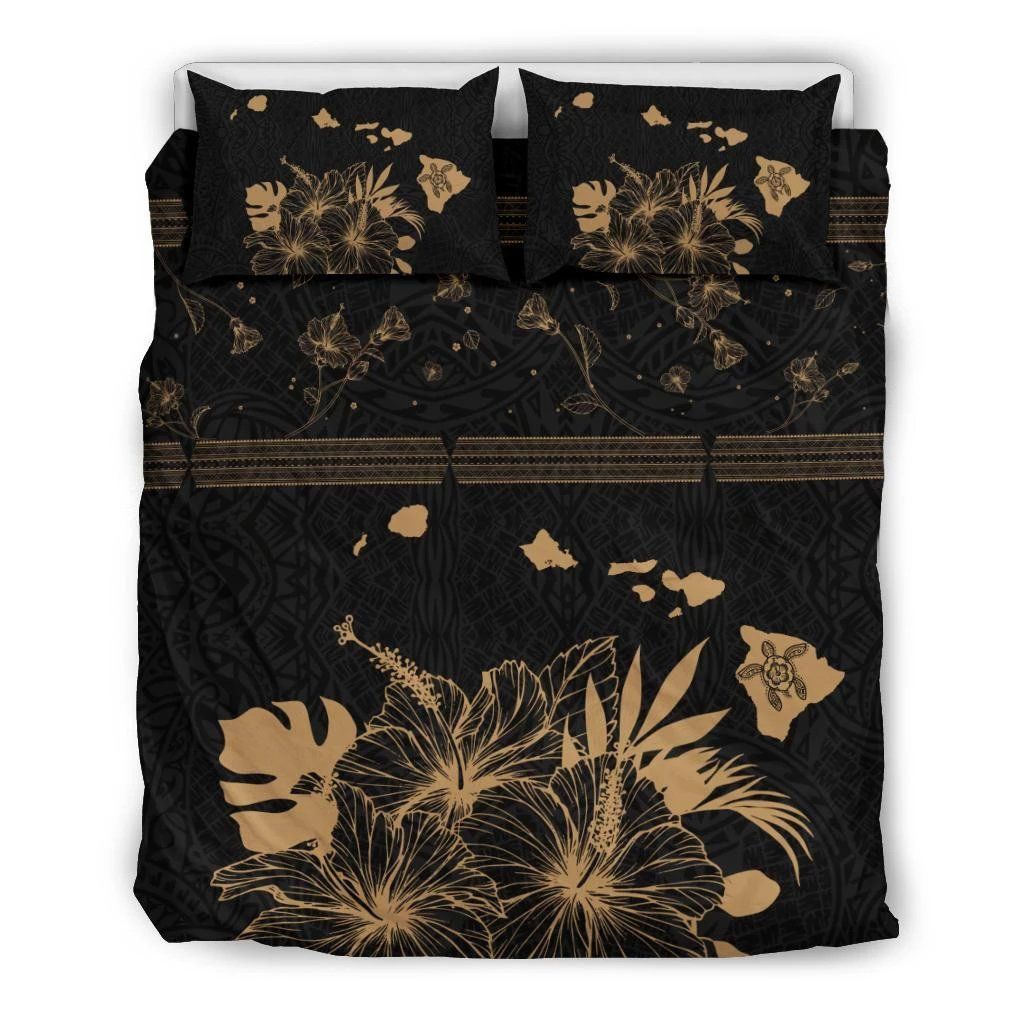 hawaiian map hibiscus turtle polynesian black and gold duvet cover bedding set 3451