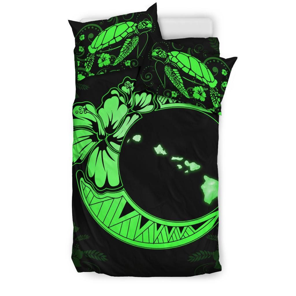 hawaiian map hibiscus turtle polynesian moon green duvet cover bedding set 2650