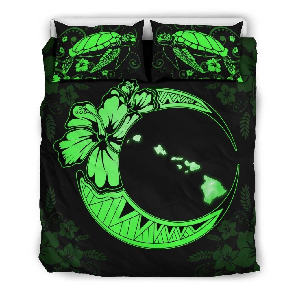 hawaiian map hibiscus turtle polynesian moon green duvet cover bedding set 3713