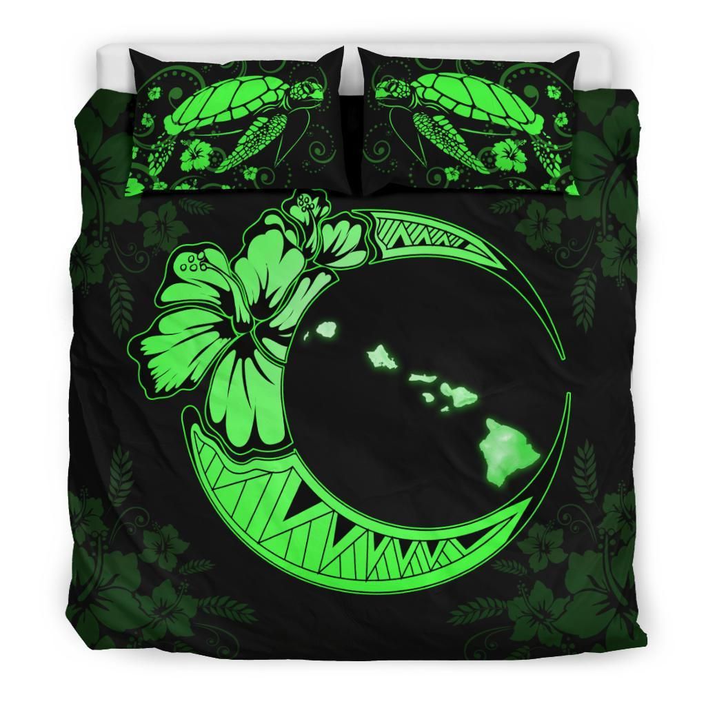 hawaiian map hibiscus turtle polynesian moon green duvet cover bedding set 7449
