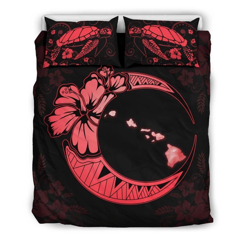 hawaiian map hibiscus turtle polynesian moon red duvet cover bedding set 1634