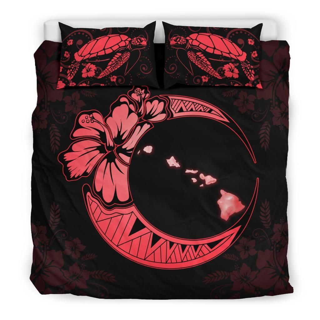 hawaiian map hibiscus turtle polynesian moon red duvet cover bedding set 4223