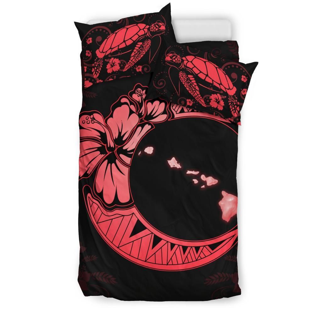 hawaiian map hibiscus turtle polynesian moon red duvet cover bedding set 7122