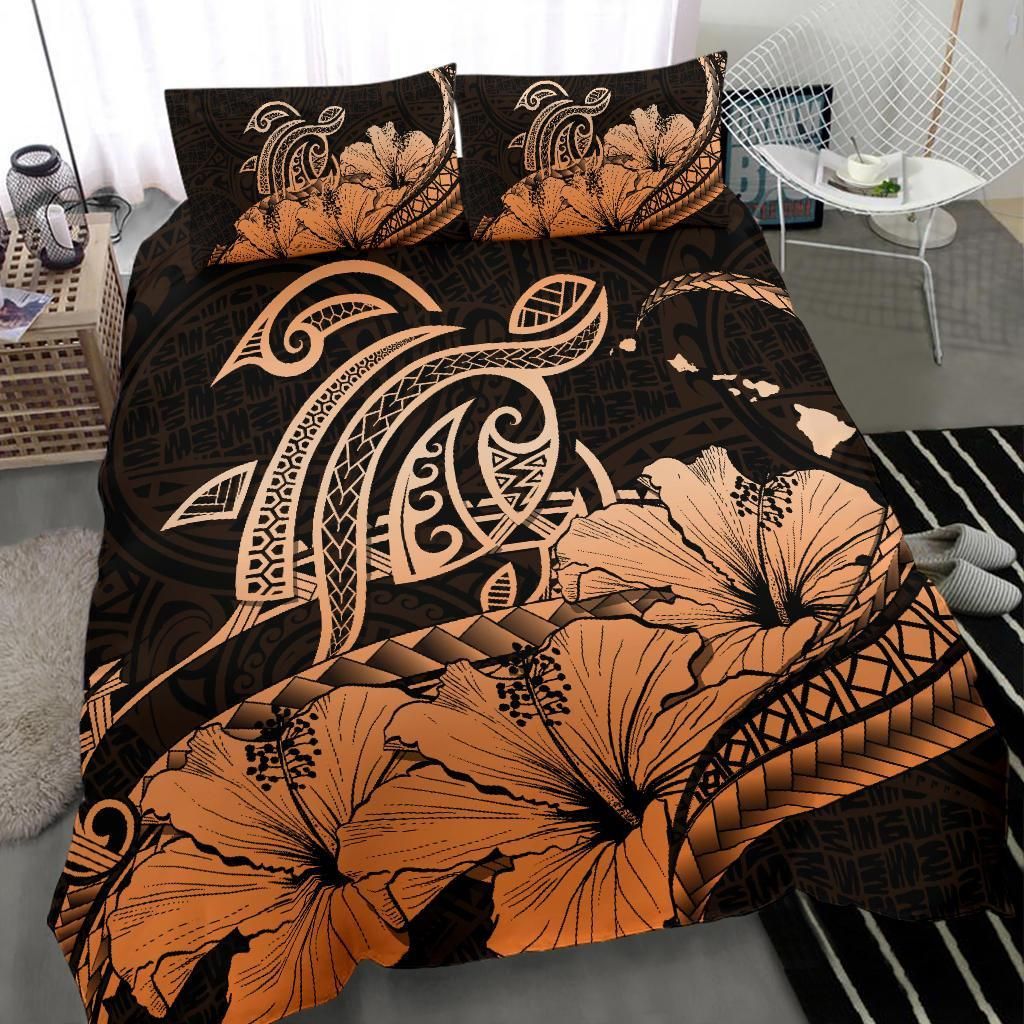 hawaiian map hibiscus turtle polynesian orange duvet cover bedding set 5476