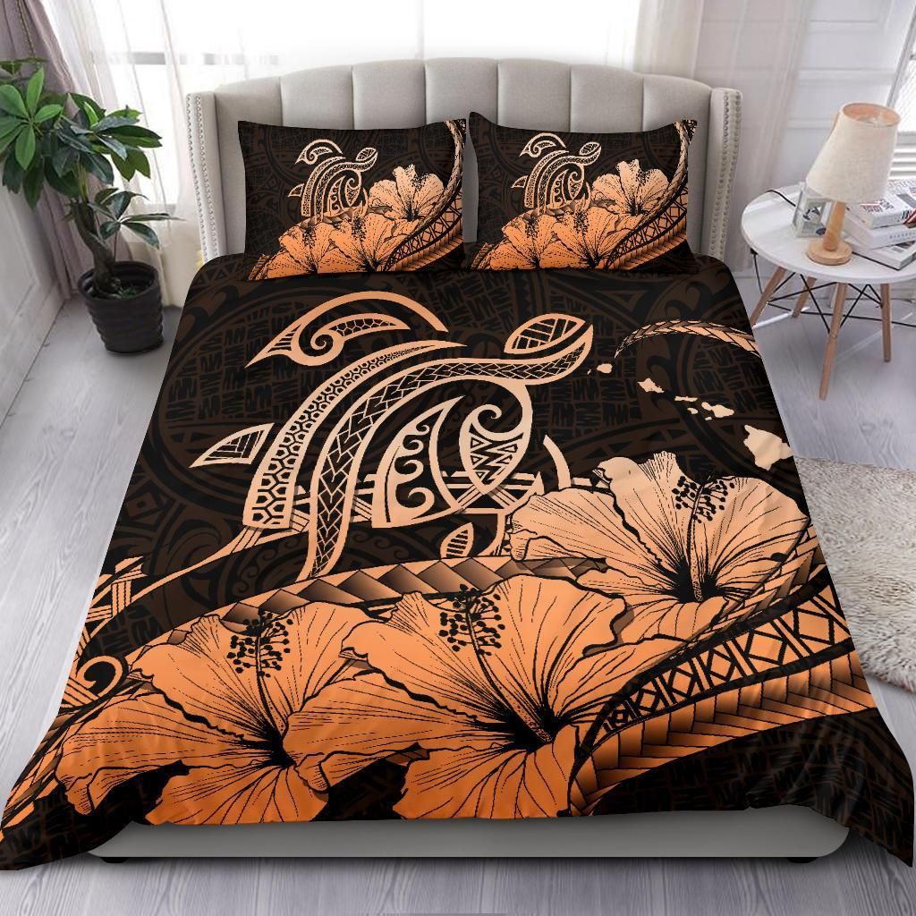 hawaiian map hibiscus turtle polynesian orange duvet cover bedding set 5844