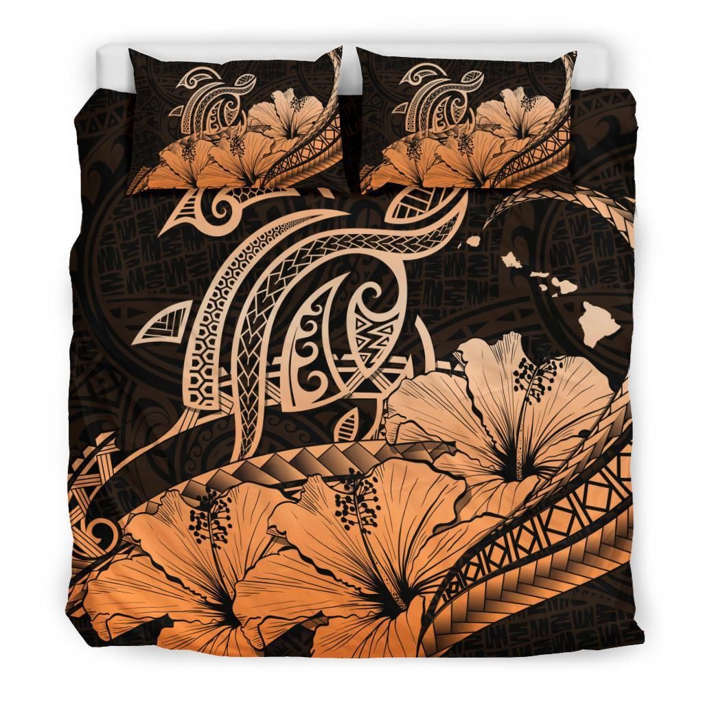 hawaiian map hibiscus turtle polynesian orange duvet cover bedding set 7952