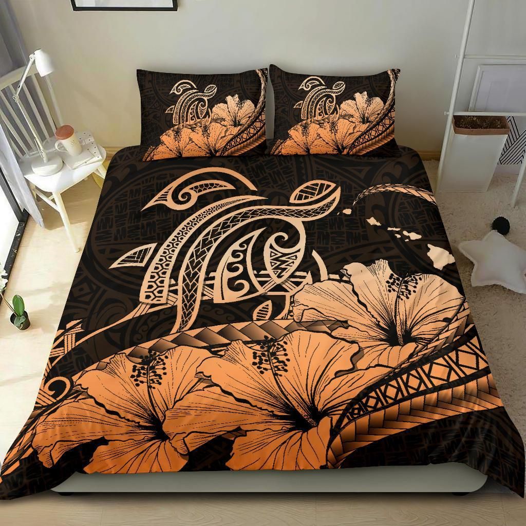 hawaiian map hibiscus turtle polynesian orange duvet cover bedding set 8679