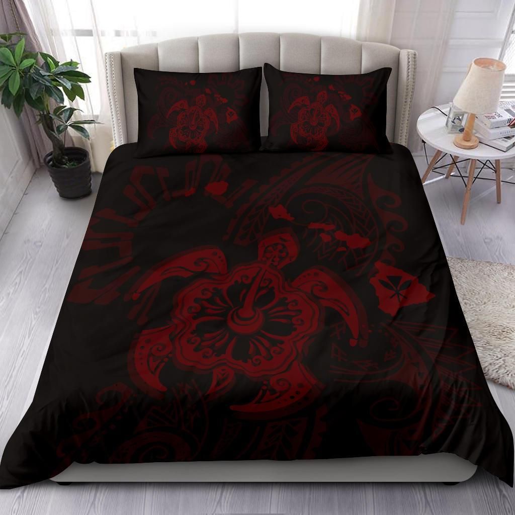 hawaiian map kanaka hibiscus turtle red duvet cover bedding set 6326