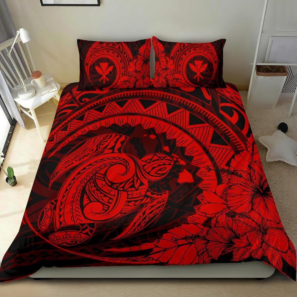 hawaiian map kanaka honu hibiscus red globular polynesian duvet cover bedding set 5782
