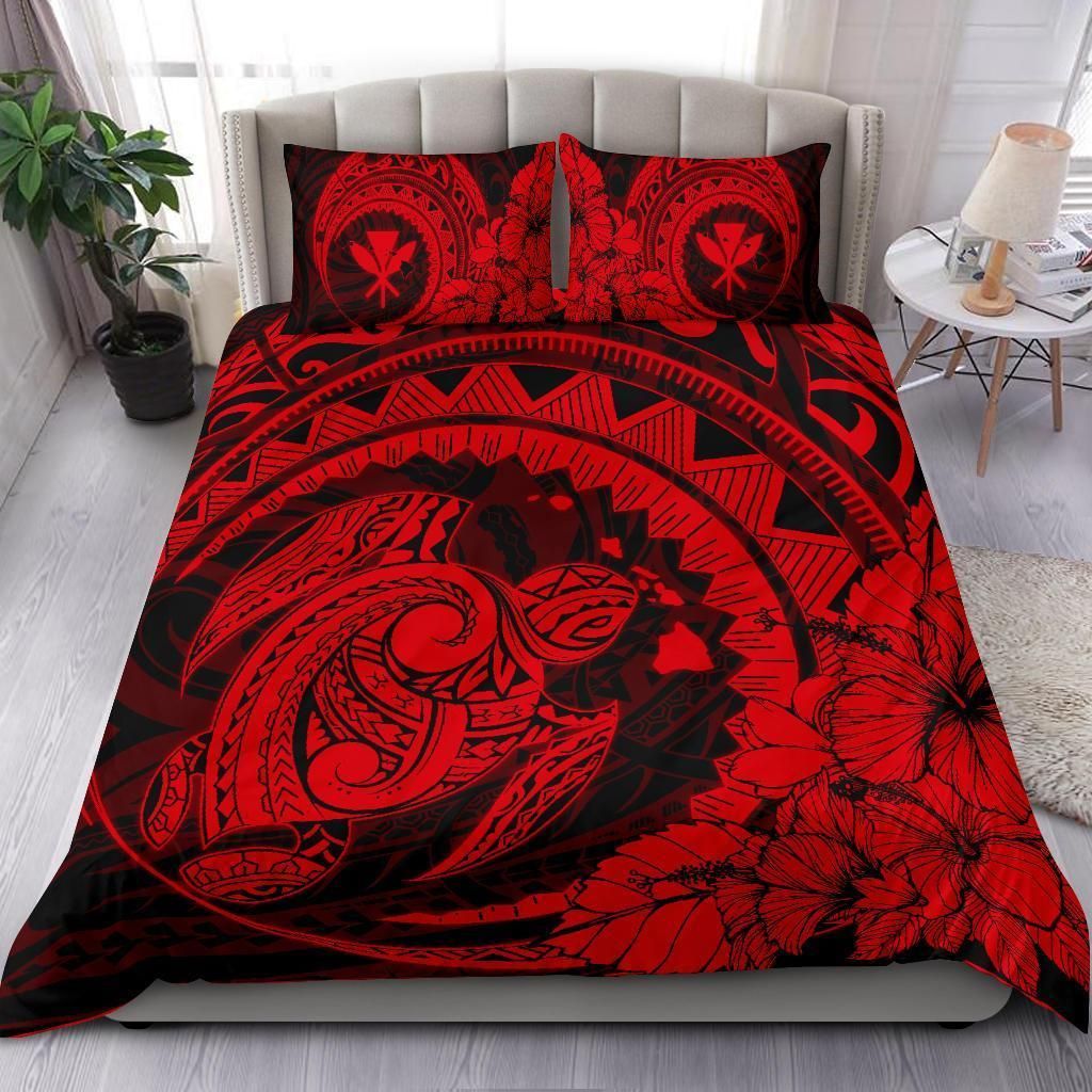 hawaiian map kanaka honu hibiscus red globular polynesian duvet cover bedding set 7399