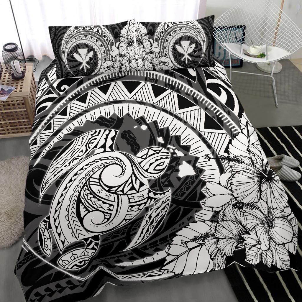 hawaiian map kanaka honu hibiscus white globular polynesian duvet cover bedding set 8587