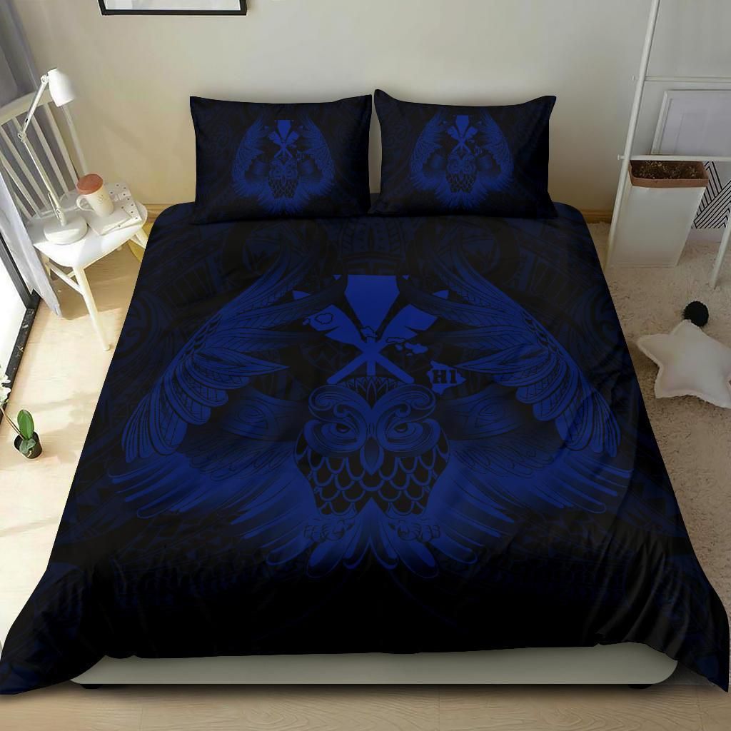 hawaiian map owl kanaka pueo aumakua blue duvet cover bedding set 1297